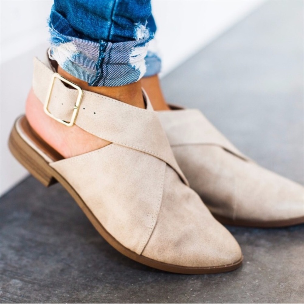 Taupe Ankle Wrap Buckle Flats Shoes Strap Booties. - Picture 3 of 4